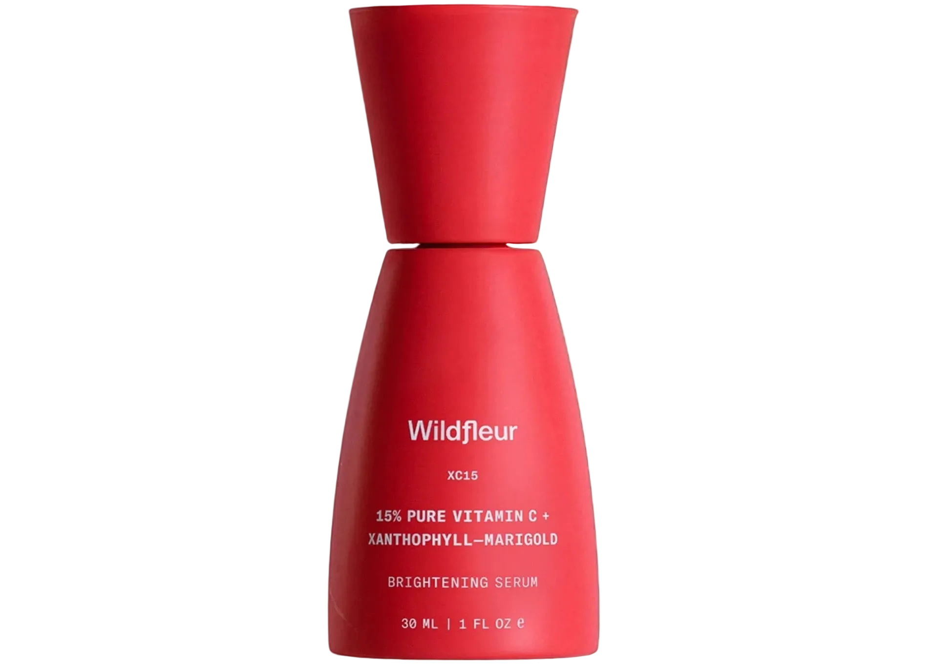 Red serum bottle with 'Wildfleur' branding on a white background