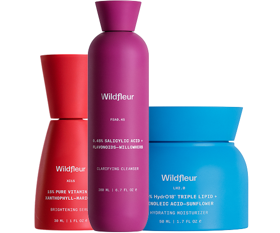 Three Wildfleur skincare products on a white background
