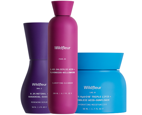 Three Wildfleur skincare products on a white background