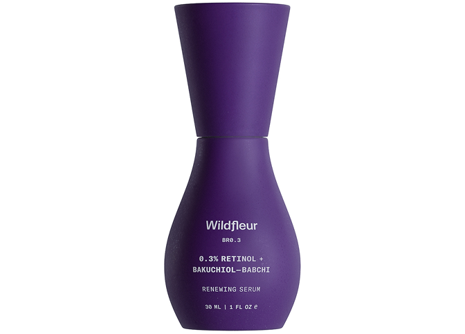 Purple serum bottle with 'Wildfleur' branding on a white background