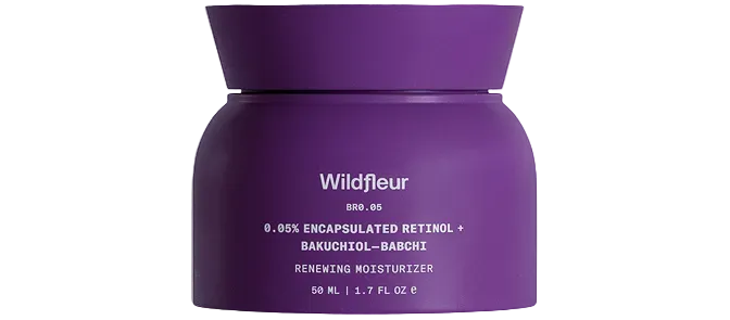 Purple skincare jar with 'Wildfleur' branding on a white background
