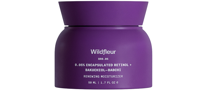 Purple skincare jar with 'Wildfleur' branding on a white background